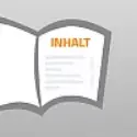 Piktogramm eines aufgeschlagenen Buches, das die Seite 'INHALT' und das Inhaltsverzeichnis des Abibuchs darstellt.