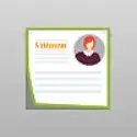 Piktogramm eines Steckbriefs mit dem Wort 'Schüler' und einem weiblichen Porträtbild, das die Schülerseiten im Abibuch symbolisiert.