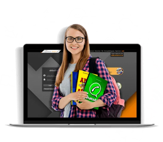 Importiert eure abibuch-planer Steckbriefe in den abibuch-designer Schülerin vor Laptop mit Abibüchern